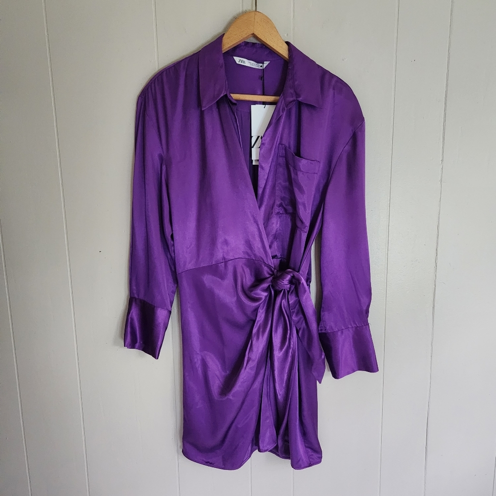 Zara nwt Satin effect wrap dress mini purple M - Picture 2 of 14